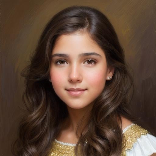 Prompt:    A young girl, with chocolate brown hair that goes all the way down to my bottom, hazel brown eyes and light dark tan skin extremely detailed, realistic. Krenz Cushart + loish +gaston bussiere +craig mullins, j. c. leyendecker +Artgerm, oil painting texture oil painting effect Krenz Cushart + loish +gaston bussiere +craig mullins, j. c. leyendecker +Artgerm, oil painting texture.