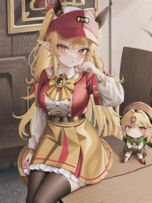 Prompt: chibi elf girl with a tender face, sitting in front of a table, yellow hair, large contrasting eyes between brown and red, wears a red Gavroche Cap with a black visor that has a brooch on the left from which 2 long white feathers come out, the Cap Gavroche, in addition to the brooch, has an embroidery in the center of the front with a 4-leaf clover, his large eyes have anime-style flashes of light, his mouth is open and wobbly watching a delicious fish dish on the table while it drains from him a little drool, she wears a red raincoat with a hood and a light brown or cream scarf, her hands are in fists holding a fork in the left and a knife in the right while she raises her arms ready to eat, she is carrying a brown bag from which A cream-colored wool doll similar to a ball hangs, on the plate on the table is a delicious Japanese baked fish. vibrant colors.