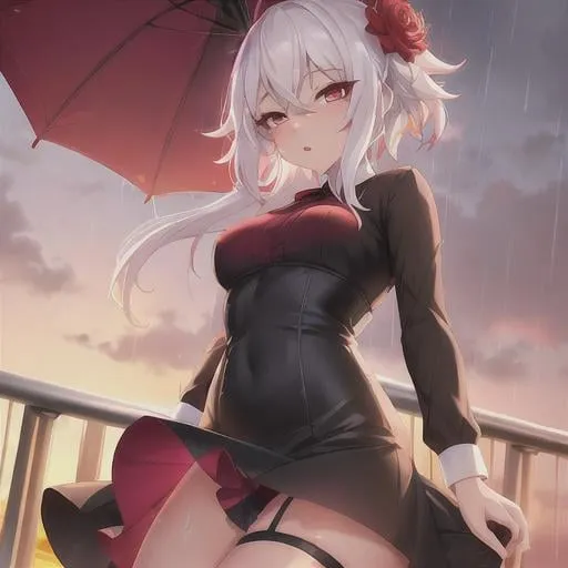 Prompt: female, sunset, rain, vibrant, shy, white hair, petite body, tattoos, red lipsticks, fishnet stockings, bloom effects, short black dress