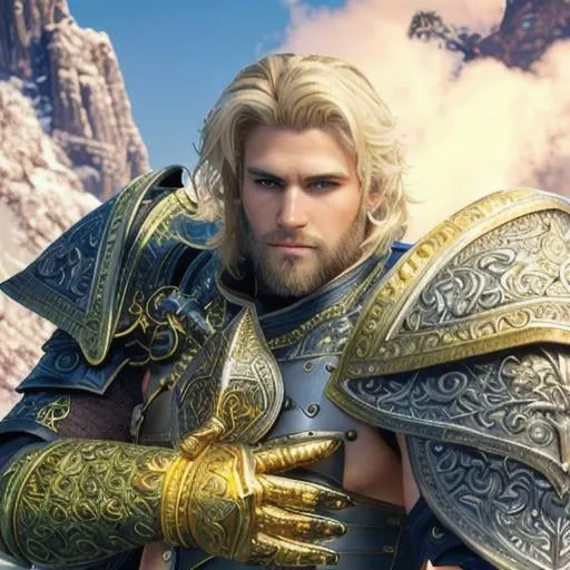 Prompt: male fantasy warrior, very handsome, medium musculature, dirty blonde, short wavy hair and short trimmed beard, full leather armor, very detailed eyes, UHD, 64K, sharp focus, studio photo, intricate details, highly detailed