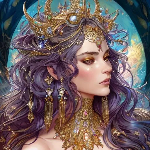 Prompt: Gorgeous woman covered in sparkly jewels, Intricate, Scenic, Hyperdetailed, Delicate; Complex; Royo; Deep Colors; Regal; Bagshaw, Chevrier, Ferri, Kaluta, Minguez, Mucha. Cinematic, WLOP, 8K, concept, sharp focus, illustration, rutkowski, Artgerm, Giger, piles of silver and gold coins