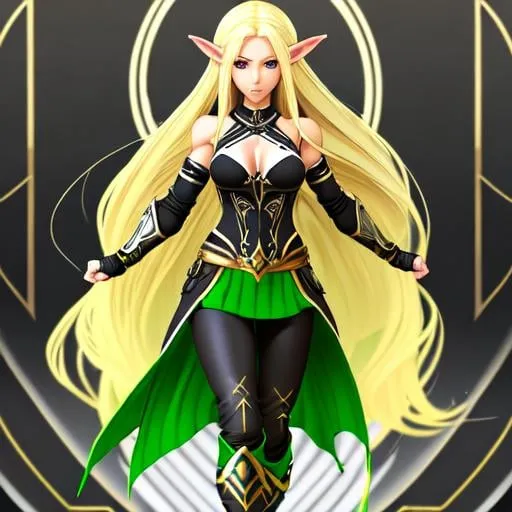 Prompt: photorealistic game character High elf woman with long blonde hair, dressed in a black tank top, black shorts under knee-length tight black pants with a half skirt over white cloth behind her legs, wears black knee-high boots and fingerless gloves, from standing in a fighting pose with legs crossed in front, with hands in fists, realistic detailed eyes, detailed mouth, detailed ears, detailed nose, perfect face, detailed eyeglasses, green jewelry set