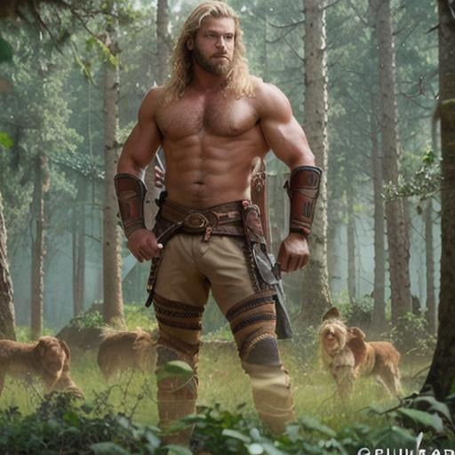 Prompt: male warrior, rugged looking, strong musculature, sandy blonde, very hairy chest, short wavy hair and short trimmed beard, crimson clothing, very detailed eyes, UHD, 64K, sharp focus, studio photo, intricate details, highly detailed, by greg rutkowski