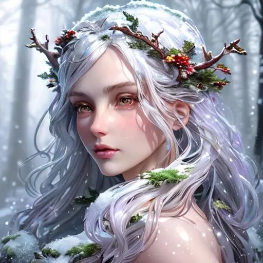 Prompt: dryads winter feminine great beauty and very beautiful physical features, just behind her a winter forest in full transition to spring, flowers growing snow melting volumetric soft lighting cold colors 8k resolution by Greg Rutkowski, Artgerm, Alphonse Mucha dynamic lighting hyperdetailed intricately detailed Splash art trending on Artstation Unreal Engine 5 volumetric lighting
