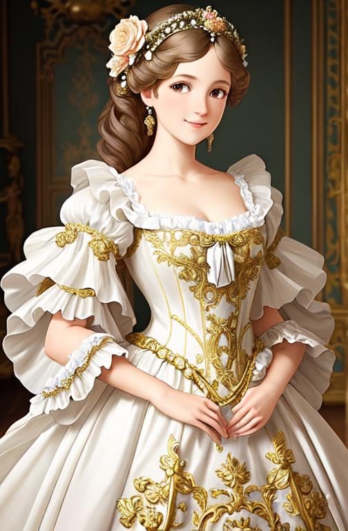 Prompt: The artwork is also infused with elements of various art movements, such as Rococo, Baroque, and Art Nouveau. The girl's gown features intricate patterns and ornate embellishments that are reminiscent of Rococo and Baroque styles, while the flowers and garden elements incorporate the flowing lines and organic shapes of Art Nouveau. 