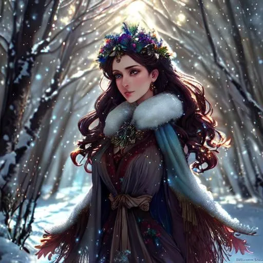 Prompt: dryads winter feminine great beauty and very beautiful physical features, just behind her a winter forest in full transition to spring, flowers growing snow melting volumetric soft lighting cold colors 8k resolution by Greg Rutkowski, Artgerm, Alphonse Mucha dynamic lighting hyperdetailed intricately detailed Splash art trending on Artstation Unreal Engine 5 volumetric lighting