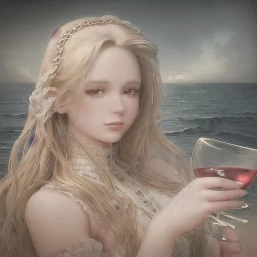 Prompt: Portrait of a maiden with long ethereal blonde hair and with cute face and wine colored lips, a ocean shore scene, perfect composition, hyperrealistic, super detailed, 8k, high quality, trending art, trending on artstation, sharp focus, studio photo, intricate details, highly detailed, wearing a dress