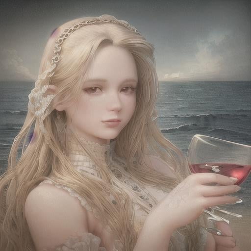 Prompt: Portrait of a maiden with long ethereal blonde hair and with cute face and wine colored lips, a ocean shore scene, perfect composition, hyperrealistic, super detailed, 8k, high quality, trending art, trending on artstation, sharp focus, studio photo, intricate details, highly detailed, wearing a dress