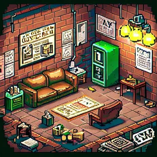 Prompt: A space for gangster like a lair, twenties style, mystery, pixelart 16bit soft  big garage, gangster inspired, desk, classic lamps, card games, little bit messy, brown leather classic sofa, darts, some newspapers cuts in the wall, some papers and folders in the desk, big space, industrial, a safe somewhere, rude, red and green color scheme