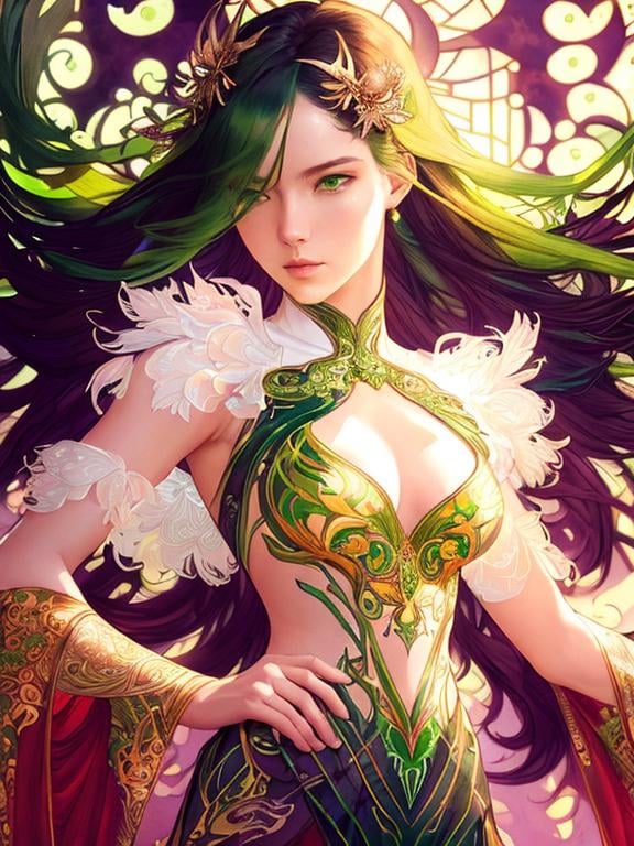 Prompt: Detailed eyes flawless eyes Gorgeous chartreuse greenest hair natural lime flair goddess, intricate, dramatic full body pose, magnificent, masterpiece, by minjae lee, by James jean, by WLOP, mucha, Waterhouse, by eve ventrue, by anna dittmann, by Alessio Albi, dynamic lighting, green, emeralds