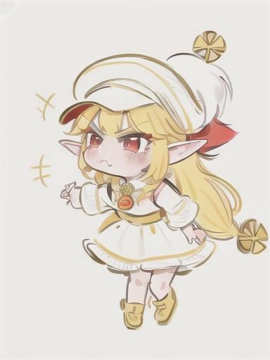 Prompt: chibi elf girl with a cute face, angry pouting, yellow hair, big red eyes, (wears a red Gavroche cap with a black visor, has a brooch on the left of the cap, 2 long white feathers come out of the brooch), the cap Gavroche has an embroidery on the front with a 4-leaf clover, waves her arms to the sides in frustration, she wears a red trench coat with a hood and a light brown or cream colored scarf, her hands are in fists, she is carrying a bag brown from which hangs a cream-colored wool doll similar to a ball, a white baggy shorts, 2 legs with brown shoes