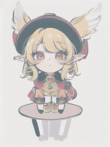 Prompt: chibi elf girl with a tender face, sitting in front of a table, yellow hair, large contrasting eyes between brown and red, wears a red Gavroche Cap with a black visor that has a brooch on the left from which 2 long white feathers come out, the Cap Gavroche, in addition to the brooch, has an embroidery in the center of the front with a 4-leaf clover, his large eyes have anime-style flashes of light, his mouth is open and wobbly watching a delicious fish dish on the table while it drains from him a little drool, she wears a red raincoat with a hood and a light brown or cream scarf, her hands are in fists holding a fork in the left and a knife in the right while she raises her arms ready to eat, she is carrying a brown bag from which A cream-colored wool doll similar to a ball hangs, on the plate on the table is a delicious Japanese baked fish. vibrant colors.