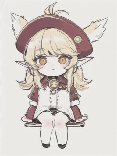 Prompt: chibi elf girl with a tender face, sitting in front of a table, yellow hair, large contrasting eyes between brown and red, wears a red Gavroche Cap with a black visor that has a brooch on the left from which 2 long white feathers come out, the Cap Gavroche, in addition to the brooch, has an embroidery in the center of the front with a 4-leaf clover, his large eyes have anime-style flashes of light, his mouth is open and wobbly watching a delicious fish dish on the table while it drains from him a little drool, she wears a red raincoat with a hood and a light brown or cream scarf, her hands are in fists holding a fork in the left and a knife in the right while she raises her arms ready to eat, she is carrying a brown bag from which A cream-colored wool doll similar to a ball hangs, on the plate on the table is a delicious Japanese baked fish. vibrant colors.