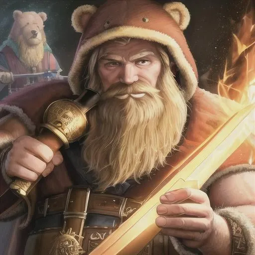 Prompt: oil painting, UHD, hd , 8k, , hyper realism,   Very detailed, zoomed out view,  full character in view, dwarf male with a long blonde  beard character wearing a bear suit with a bear head hood  over his head, his face is showing,  and is wielding a sword