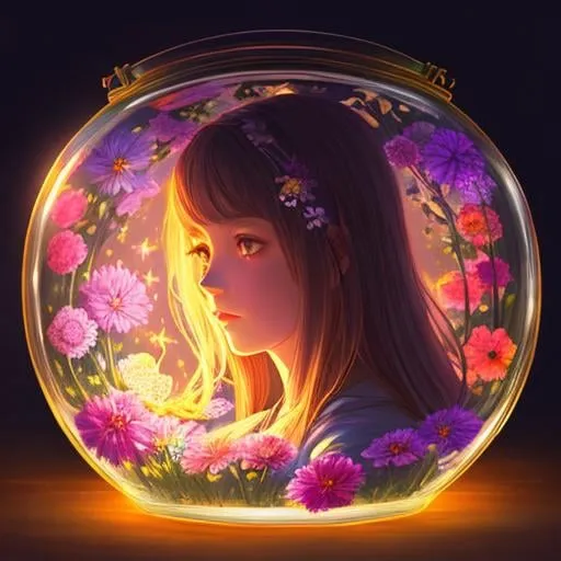 Prompt: a portrait of a girl with flowers in a jar, in the style of detailed dreamscapes, storybook illustration, glowing colors, multidimensional shading, mysterious nocturnal scenes 