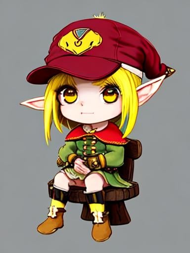 Prompt: chibi elf girl with a tender face, sitting in front of a table, yellow hair, large contrasting eyes between brown and red, wears a red Gavroche Cap with a black visor that has a brooch on the left from which 2 long white feathers come out, the Cap Gavroche, in addition to the brooch, has an embroidery in the center of the front with a 4-leaf clover, his large eyes have anime-style flashes of light, his mouth is open and wobbly watching a delicious fish dish on the table while it drains from him a little drool, she wears a red raincoat with a hood and a light brown or cream scarf, her hands are in fists holding a fork in the left and a knife in the right while she raises her arms ready to eat, she is carrying a brown bag from which A cream-colored wool doll similar to a ball hangs, on the plate on the table is a delicious Japanese baked fish.