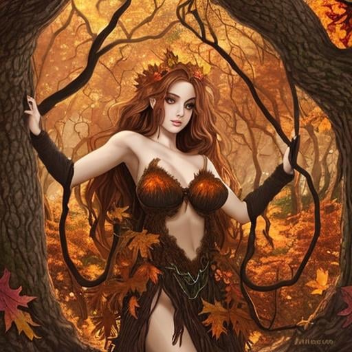 Prompt: dryads autumnal feminine great beauty and very beautiful physical features, just behind her oak surrounded by a thick autumnal forest volume...