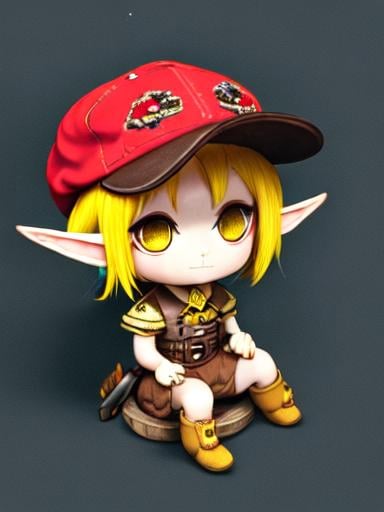 Prompt: chibi elf girl with a tender face, sitting in front of a table, yellow hair, large contrasting eyes between brown and red, wears a red Gavroche Cap with a black visor that has a brooch on the left from which 2 long white feathers come out, the Cap Gavroche, in addition to the brooch, has an embroidery in the center of the front with a 4-leaf clover, his large eyes have anime-style flashes of light, his mouth is open and wobbly watching a delicious fish dish on the table while it drains from him a little drool, she wears a red raincoat with a hood and a light brown or cream scarf, her hands are in fists holding a fork in the left and a knife in the right while she raises her arms ready to eat, she is carrying a brown bag from which A cream-colored wool doll similar to a ball hangs, on the plate on the table is a delicious Japanese baked fish.