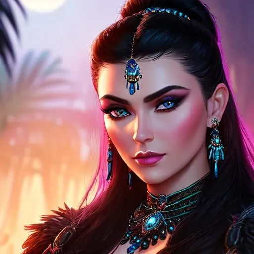 Prompt: Romantic Close-up Photo of Xenia Shelkovskaya, Looking Into the Camera, Muscular Barbarian Seer, Wearing Long Barbaric Robes Adorned with Raven Feathers, Tribal Jewelry, Elegant Slicked-Back Hair, Moonlight, Nighttime, Ancient Jungle Palace, deep cleavage, bokeh, by Artgerm and Jean Baptiste Mongue, intricate hyperdetailed fluid gouache illustration by Android Jones and Glenn Rane, professional photography, maximalist photo illustration, (high detailed skin:1.2), 8k uhd, dslr, soft moon lighting, high quality, Fujifilm XT3