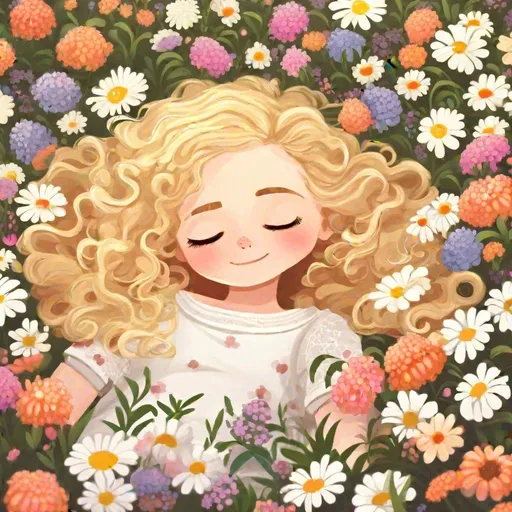 Prompt: A_little_girl_lying_in_a_lot_of_flowers.
She_is_sleeping_on_her_side.
(1_girl_(5_years_old))_blond_hair_natural_curly_hair_side_parting_flower_hair_ornament_lace_white_dress_closed_eyes_have_long_eyelashes_profile)_light_blue_butterfly_(transparent_luminous)_different_world_letters_pastel_colors_fantasy_world_Art_Nouveau_Alphonse_Mucha