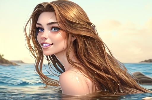 Prompt: realistic portrait of a mermaid half woman half fish tail longer than the torso, frolicking sitting on the rocks above the water, wet hair, perfect proportion,  Defined face, perfect eyes, beautiful face, well detailed and defined, defined, sensual lips with a beautiful smile and beautiful teeth, hair with a brown color gradient to gold balayage, 