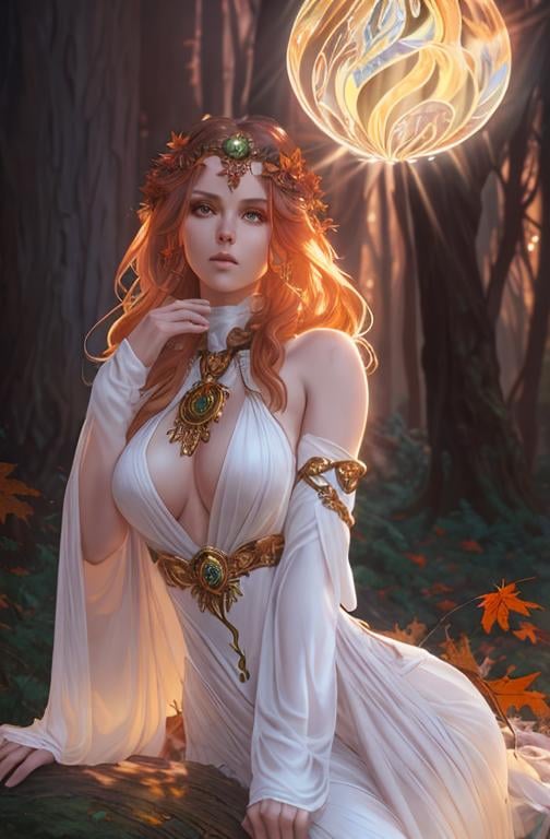 Prompt: dryads autumnal feminine great beauty and very beautiful physical features, just behind her oak surrounded by a thick autumnal forest volumetric soft lighting warm colors 8k resolution by Greg Rutkowski, Artgerm, Alphonse Mucha dynamic lighting hyperdetailed intricately detailed Splash art trending on Artstation Unreal Engine 5 volumetric lighting