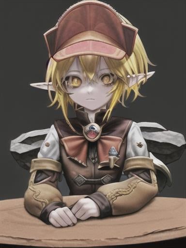 Prompt: chibi klee  elf girl with a tender face, sitting in front of a table, yellow hair, large contrasting eyes between brown and red, wears a red Gavroche Cap with a black visor that has a brooch on the left from which 2 long white feathers come out, the Cap Gavroche, in addition to the brooch, has an embroidery in the center of the front with a 4-leaf clover, his large eyes have anime-style flashes of light, his mouth is open and wobbly watching a delicious fish dish on the table while it drains from him a little drool, she wears a red raincoat with a hood and a light brown or cream scarf, her hands are in fists holding a fork in the left and a knife in the right while she raises her arms ready to eat, she is carrying a brown bag from which A cream-colored wool doll similar to a ball hangs, on the plate on the table is a delicious Japanese baked fish.