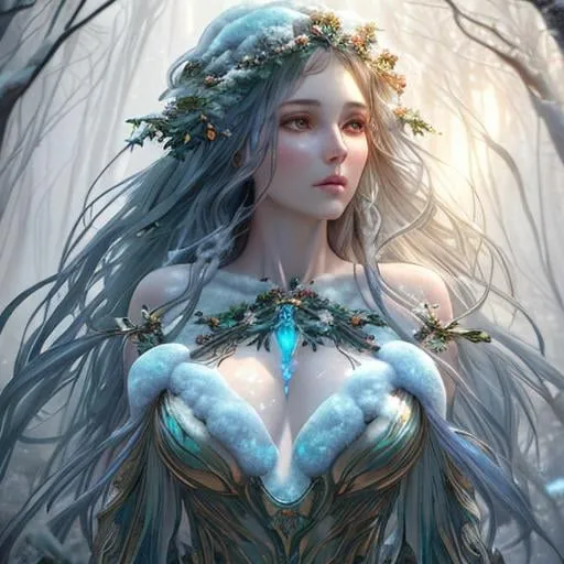 Prompt: dryads winter feminine great beauty and very beautiful physical features, just behind her a winter forest in full transition to spring, flowers growing snow melting volumetric soft lighting cold colors 8k resolution by Greg Rutkowski, Artgerm, Alphonse Mucha dynamic lighting hyperdetailed intricately detailed Splash art trending on Artstation Unreal Engine 5 volumetric lighting