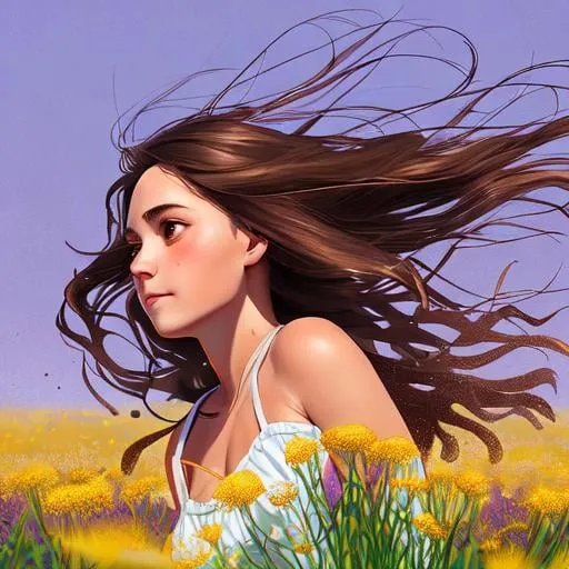 Prompt: A super detailed and clear portrait of a sun kissed girl with dark brown hair dancing in a sun lit field of heather surrounded by floating dandelions