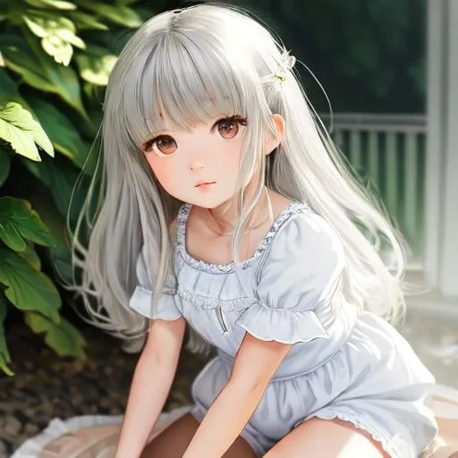 Prompt: (masterpiece, illustration, best quality:1.2), Sui Kasai art style,  1girl, solo, (petite body, white babydoll dress, brown shorts:1.3), messy hair, stray hairs, playful demeanor, shorts, ruffles, foggy grey eyes, white hair, finely detailed, detailed face, toned face, beautiful detailed eyes, beautiful detailed shading, beautifully detailed background, cozy atmosphere 