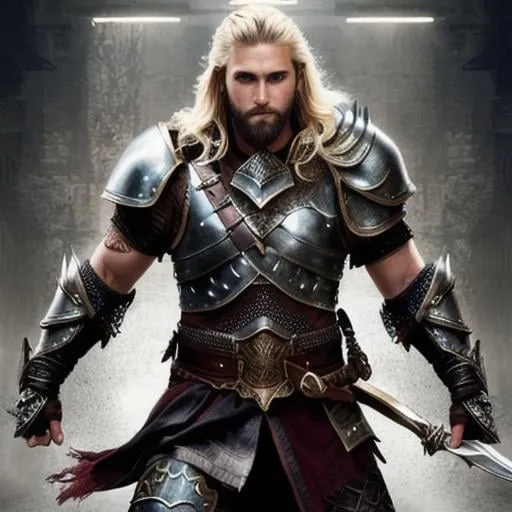 Prompt: male fantasy warrior, very handsome, medium musculature, dirty blonde, short wavy hair and short trimmed beard, full leather armor, very detailed eyes, UHD, 64K, sharp focus, studio photo, intricate details, highly detailed