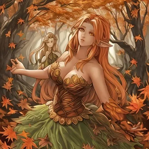 Prompt: dryads autumnal feminine great beauty and very beautiful physical features, just behind her oak surrounded by a thick autumnal forest volume...