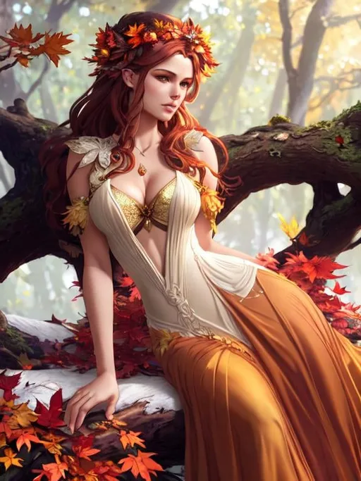 Prompt: dryads autumnal feminine great beauty and very beautiful physical features, just behind her oak surrounded by a thick autumnal forest volumetric soft lighting warm colors 8k resolution by Greg Rutkowski, Artgerm, Alphonse Mucha dynamic lighting hyperdetailed intricately detailed Splash art trending on Artstation Unreal Engine 5 volumetric lighting