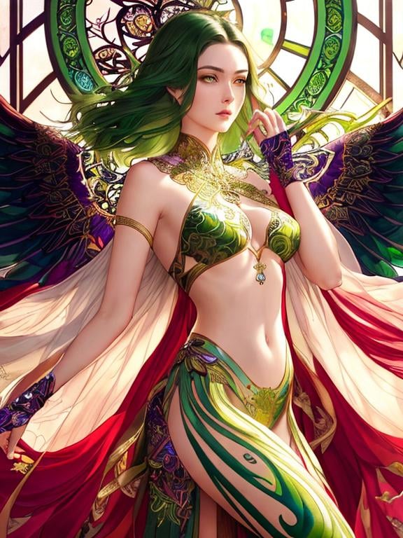 Prompt: Detailed eyes flawless eyes Gorgeous chartreuse greenest hair natural lime flair goddess, intricate, dramatic full body pose, magnificent, masterpiece, by minjae lee, by James jean, by WLOP, mucha, Waterhouse, by eve ventrue, by anna dittmann, by Alessio Albi, dynamic lighting, green, emeralds