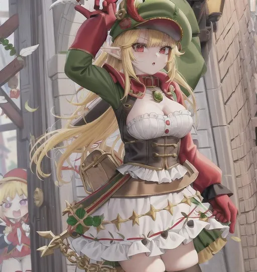 Prompt: elf girl with a cute face, yellow hair, big red eyes, (wears a red Gavroche cap with a black visor, has a brooch on the left of the cap, 2 long white feathers come out of the brooch), the cap Gavroche has an embroidery on the front with a 4-leaf clover, waves her arms to the sides in frustration, she wears a red trench coat with a hood and a light brown or cream colored scarf, her hands are in fists, she is carrying a bag brown from which hangs a cream-colored wool doll similar to a ball, a white baggy shorts, 2 legs with brown shoes