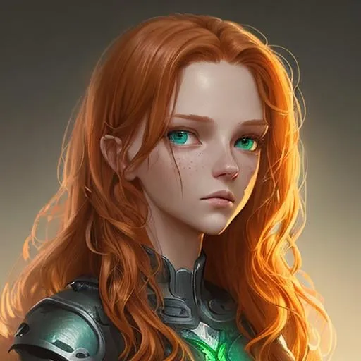 Prompt: Detailed character portrait, highly detailed, cinematic lighting, digital painting, concept art, sharp focus, full character view, illustration, very detailed, detailed face, female human, light ginger hair, green eyes, normal human, light curly hair. Light blue crop top, 13 years old, long hair.