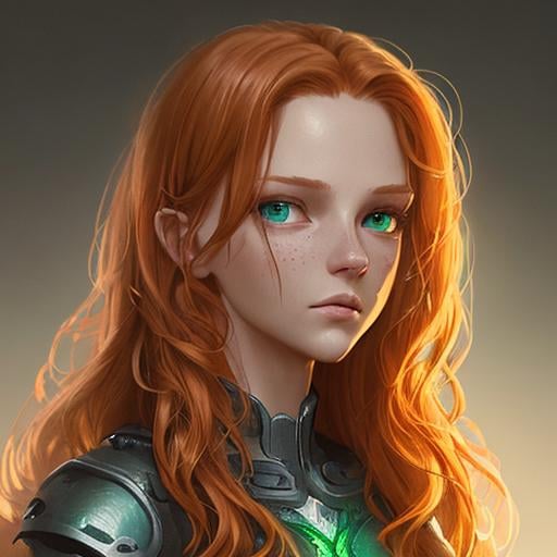 Prompt: Detailed character portrait, highly detailed, cinematic lighting, digital painting, concept art, sharp focus, full character view, illustration, very detailed, detailed face, female human, light ginger hair, green eyes, normal human, light curly hair. Light blue crop top, 13 years old, long hair.