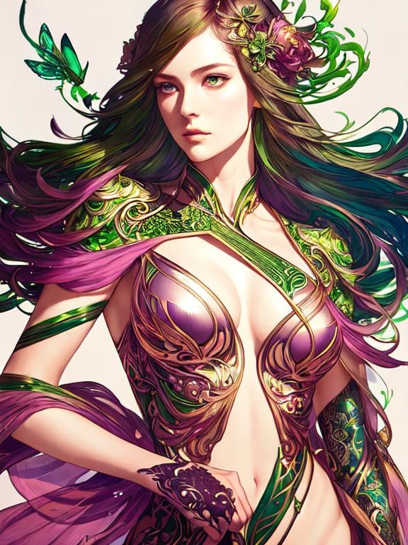 Prompt: Detailed eyes flawless eyes Gorgeous chartreuse greenest hair natural lime flair goddess, intricate, dramatic full body pose, magnificent, masterpiece, by minjae lee, by James jean, by WLOP, mucha, Waterhouse, by eve ventrue, by anna dittmann, by Alessio Albi, dynamic lighting, green, emeralds