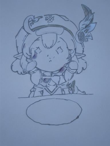 Prompt: chibi elf girl with a tender face, sitting in front of a table, yellow hair, large contrasting eyes between brown and red, wears a red Gavroche Cap with a black visor that has a brooch on the left from which 2 long white feathers come out, the Cap Gavroche, in addition to the brooch, has an embroidery in the center of the front with a 4-leaf clover, his large eyes have anime-style flashes of light, his mouth is open and wobbly watching a delicious fish dish on the table while it drains from him a little drool, she wears a red raincoat with a hood and a light brown or cream scarf, her hands are in fists holding a fork in the left and a knife in the right while she raises her arms ready to eat, she is carrying a brown bag from which A cream-colored wool doll similar to a ball hangs, on the plate on the table is a delicious Japanese baked fish.