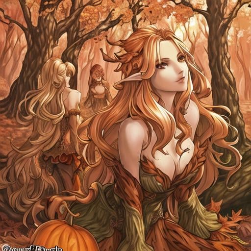 Prompt: dryads autumnal feminine great beauty and very beautiful physical features, just behind her oak surrounded by a thick autumnal forest volume