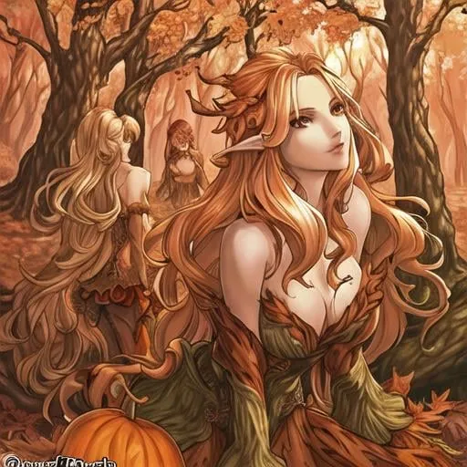 Prompt: dryads autumnal feminine great beauty and very beautiful physical features, just behind her oak surrounded by a thick autumnal forest volume