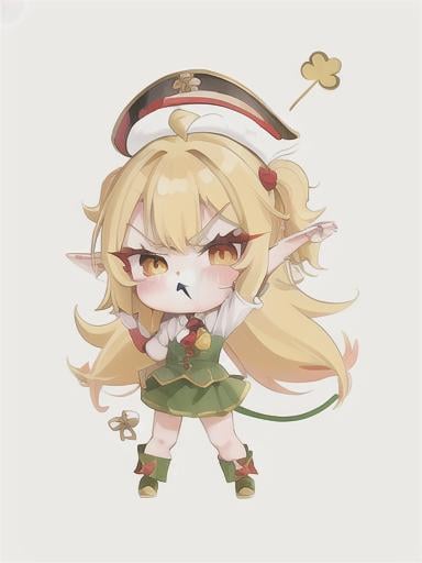 Prompt: chibi elf girl with a cute face, angry pouting, yellow hair, big red eyes, (wears a red Gavroche cap with a black visor, has a brooch on the left of the cap, 2 long white feathers come out of the brooch), the cap Gavroche has an embroidery on the front with a 4-leaf clover, waves her arms to the sides in frustration, she wears a red trench coat with a hood and a light brown or cream colored scarf, her hands are in fists, she is carrying a bag brown from which hangs a cream-colored wool doll similar to a ball, a white baggy shorts, 2 legs with brown shoes