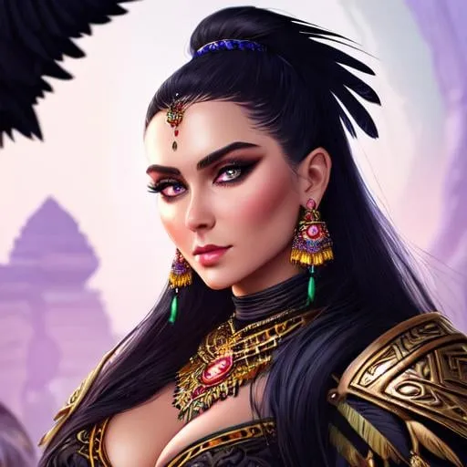 Prompt: Romantic Close-up Photo of Xenia Shelkovskaya, Looking Into the Camera, Muscular Barbarian Seer, Wearing Long Barbaric Robes Adorned with Raven Feathers, Tribal Jewelry, Elegant Slicked-Back Hair, Moonlight, Nighttime, Ancient Jungle Palace, deep cleavage, bokeh, by Artgerm and Jean Baptiste Mongue, intricate hyperdetailed fluid gouache illustration by Android Jones and Glenn Rane, professional photography, maximalist photo illustration, (high detailed skin:1.2), 8k uhd, dslr, soft moon lighting, high quality, Fujifilm XT3