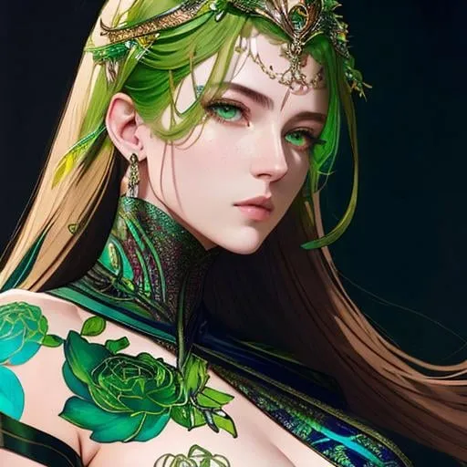 Prompt: Detailed eyes flawless eyes Gorgeous chartreuse greenest hair natural lime flair goddess, intricate, dramatic full body pose, magnificent, masterpiece, by minjae lee, by James jean, by WLOP, mucha, Waterhouse, by eve ventrue, by anna dittmann, by Alessio Albi, dynamic lighting, green, emeralds