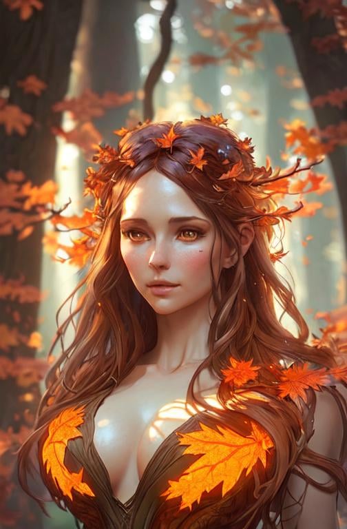 Prompt: dryads autumnal feminine great beauty and very beautiful physical features, just behind her oak surrounded by a thick autumnal forest volumetric soft lighting warm colors 8k resolution by Greg Rutkowski, Artgerm, Alphonse Mucha dynamic lighting hyperdetailed intricately detailed Splash art trending on Artstation Unreal Engine 5 volumetric lighting