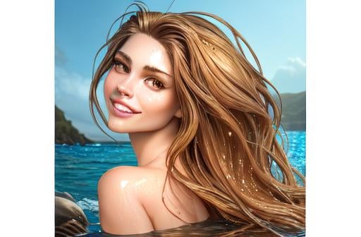 Prompt: realistic portrait of a mermaid half woman half fish tail longer than the torso, frolicking sitting on the rocks above the water, wet hair, perfect proportion,  Defined face, perfect eyes, beautiful face, well detailed and defined, defined, sensual lips with a beautiful smile and beautiful teeth, hair with a brown color gradient to gold balayage, 