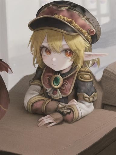 Prompt: chibi klee  elf girl with a tender face, sitting in front of a table, yellow hair, large contrasting eyes between brown and red, wears a red Gavroche Cap with a black visor that has a brooch on the left from which 2 long white feathers come out, the Cap Gavroche, in addition to the brooch, has an embroidery in the center of the front with a 4-leaf clover, his large eyes have anime-style flashes of light, his mouth is open and wobbly watching a delicious fish dish on the table while it drains from him a little drool, she wears a red raincoat with a hood and a light brown or cream scarf, her hands are in fists holding a fork in the left and a knife in the right while she raises her arms ready to eat, she is carrying a brown bag from which A cream-colored wool doll similar to a ball hangs, on the plate on the table is a delicious Japanese baked fish.