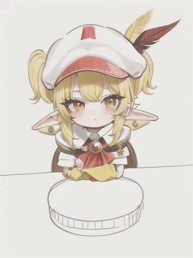 Prompt: chibi elf girl with a tender face, sitting in front of a table, yellow hair, large contrasting eyes between brown and red, wears a red Gavroche Cap with a black visor that has a brooch on the left from which 2 long white feathers come out, the Cap Gavroche, in addition to the brooch, has an embroidery in the center of the front with a 4-leaf clover, his large eyes have anime-style flashes of light, his mouth is open and wobbly watching a delicious fish dish on the table while it drains from him a little drool, she wears a red raincoat with a hood and a light brown or cream scarf, her hands are in fists holding a fork in the left and a knife in the right while she raises her arms ready to eat, she is carrying a brown bag from which A cream-colored wool doll similar to a ball hangs, on the plate on the table is a delicious Japanese baked fish. vibrant colors.