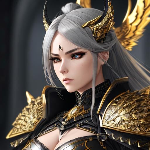 Prompt: full body armored female demon, gold and black arnor, grey hair, fantasy art, majestic, sharp armored, loneliness, depressing, hopelessness, suffering, detailed lips, mesmerizing, gorgeous, stunning, highly detailed concept art, high resolution scan, hd octane render, cinematic light, intricate detailed, highly detailed face, unreal engine, trending on artstation, UHD, 8k, Very detailed