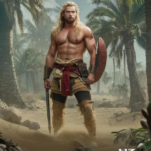 Prompt: male warrior, rugged looking, strong musculature, sandy blonde, very hairy chest, short wavy hair and short trimmed beard, crimson clothing, very detailed eyes, UHD, 64K, sharp focus, studio photo, intricate details, highly detailed, by greg rutkowski